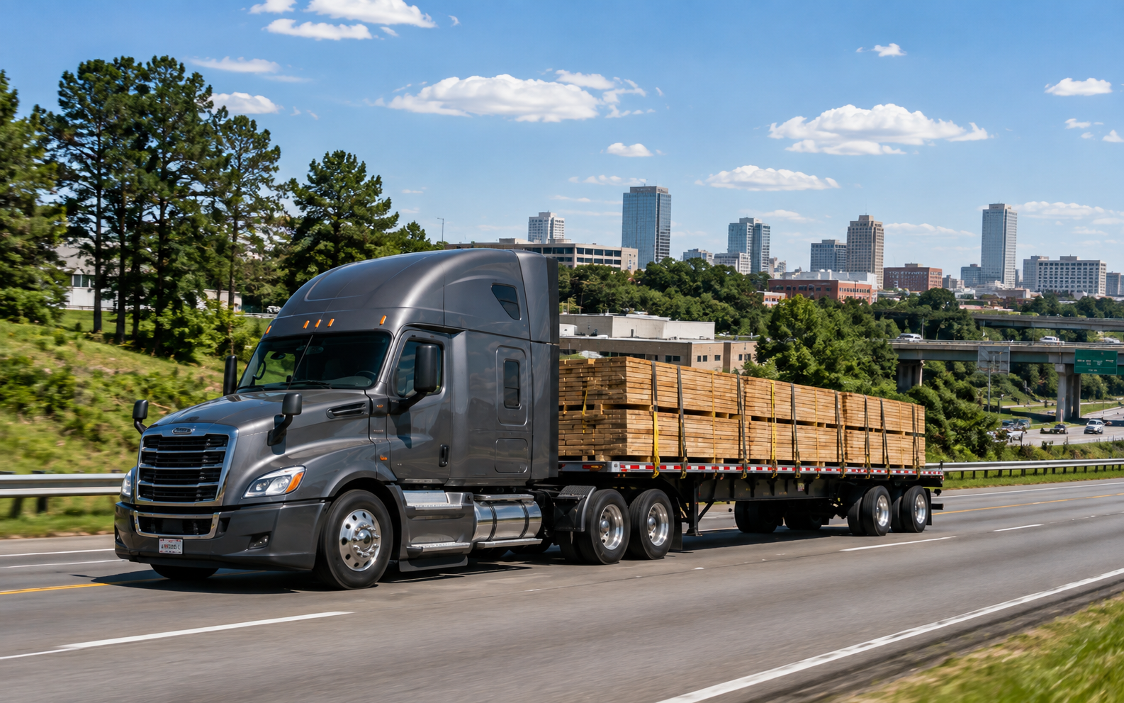 Freight truck traveling through a metro area