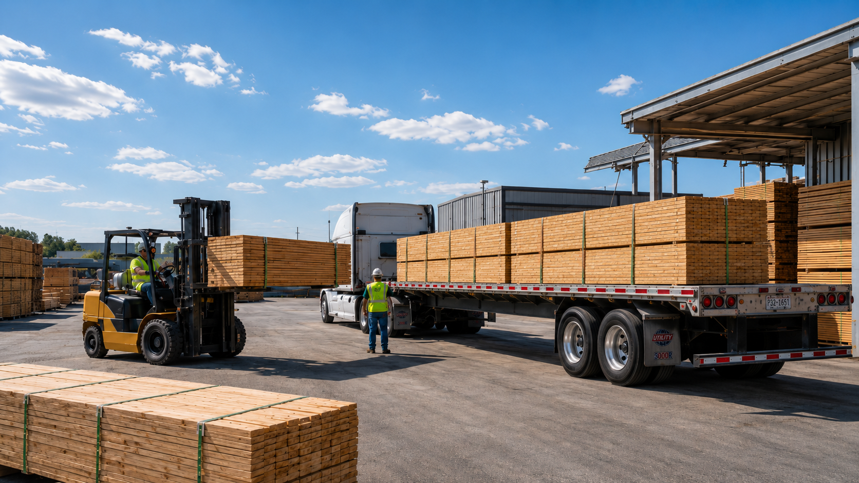 Lumber being loaded in a sunny yard